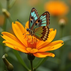 Obraz premium a beautiful butterfly sips nectar from a flower