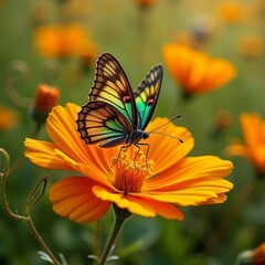 Obraz premium a beautiful butterfly sips nectar from a flower