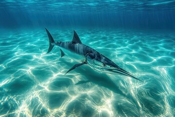 Fototapeta premium Striped marlin swims in sunlit shallows.