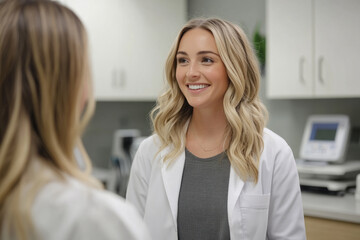 Female doctor smiling during a conversation in a modern medical clinic
