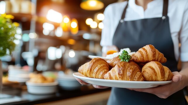 Hotel waitress serves fresh croissants for a delightful breakfast experience