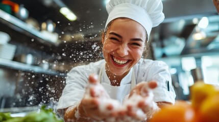 Chef joyfully washing hands in a vibrant kitchen full of fresh ingredients