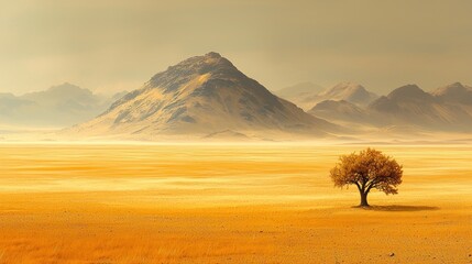 Lone tree in vast, hazy desert landscape with mountains.