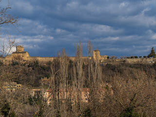 View of the medieval town of Ainsa, in the Aragonese Pyrenees. Peña Montañesa in the background....