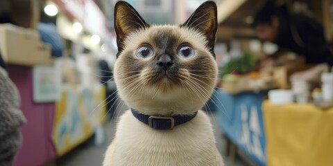 Pet-friendly urban exploration with cats in trendy cafes and lively street scenes. Colorful murals and bustling markets add vibrancy to their journey.