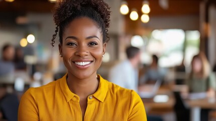 Fototapeta premium Joyful African American businesswoman engages with colleagues in modern office