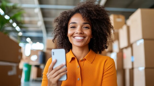 Happy woman exploring her new home with a mobile phone in hand - Powered by Adobe