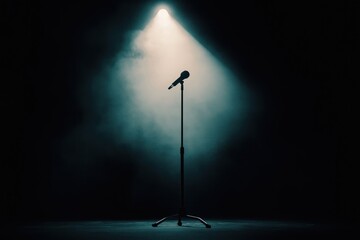 Empty stage with spotlight, microphone. Dark background. Ready for music performance. Live music concept. Perfect for event planning. Concert festival atmosphere. Pro studio setup. Stylish design.