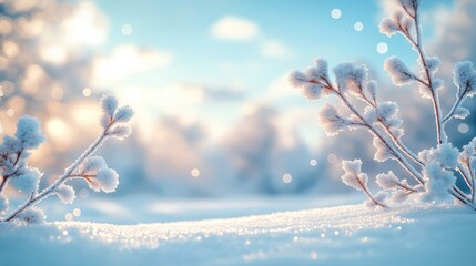 Snowy winter landscape with frost on branches under clear sky. Soft sunlight highlights ice crystals on wintry plants. Peaceful, serene winter scene. Ideal for seasonal holiday nature themes. Nature