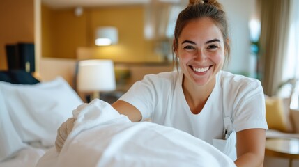 Obraz premium Chambermaid joyfully arranging bed linens in modern hotel suite