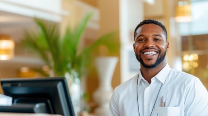 Friendly concierge welcomes guest during hotel check-in