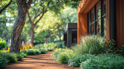 Obraz premium Lush garden path by a modern building.
