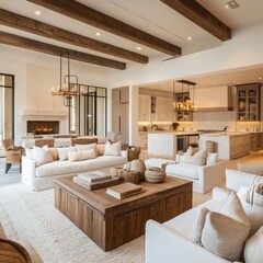 A stylish living room with natural wood beams, white sofas, a large coffee table, open kitchen with island, and modern chandelier lighting, creating a cozy atmosphere.