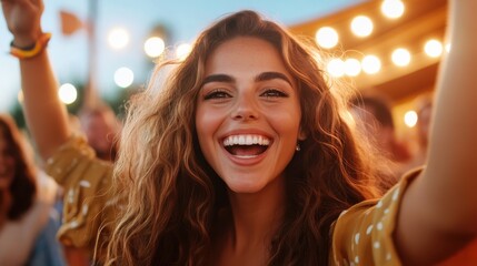 Fototapeta premium Joyful friends dancing under the stars at a vibrant summer festival