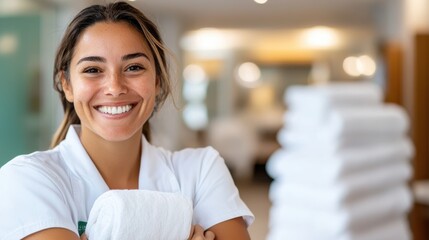 Fototapeta premium Happy housekeeper organizes toiletries and towels in hotel guest rooms