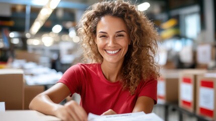 Smiling volunteer helping voters at polling station during elections