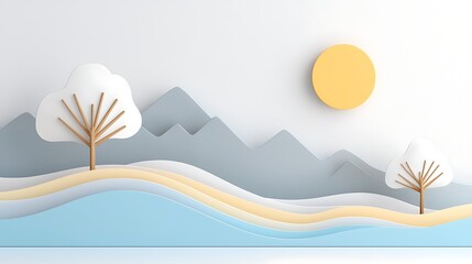 Serene Winter Landscape with Paper Art Mountains and Trees