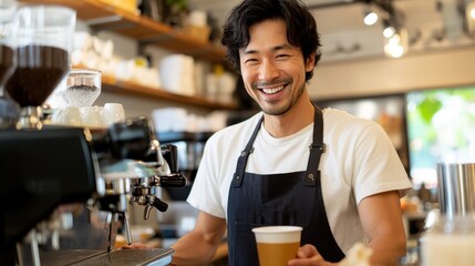 Young man enjoys a vibrant moment at a bustling coffee shop
