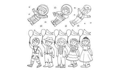 Children in Costumes and Astronauts Coloring Page - Imaginative Play and Space Exploration