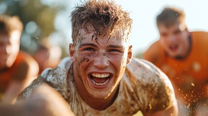 Young men compete passionately in a thrilling rugby game on the field