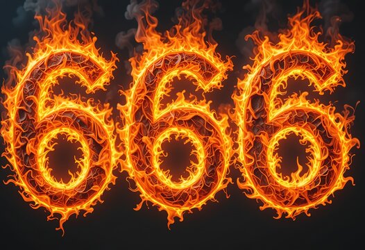 A digital image depicting the number 666 formed by intensely burning flames on a dark background.