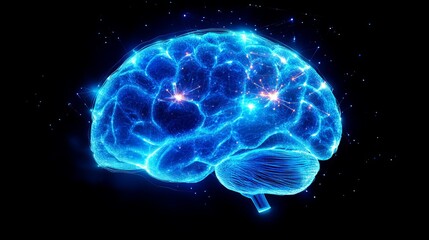 A vivid digital representation of a human brain, with bright blue circuits highlighting the concept of artificial intelligence and neurological connections in cyberspace.