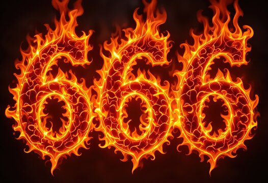The image displays the number 666 formed by intense orange and red flames against a dark background.