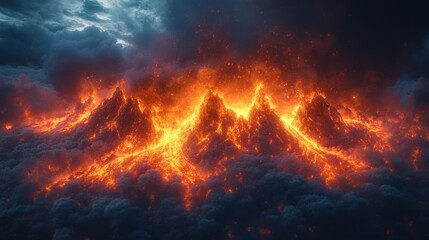 Volcanic Eruption with Molten Lava Flow and Night Sky Glow