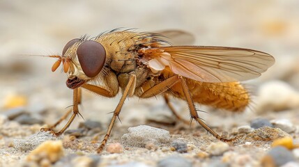 Macro shot of a yellow tachinid fly on gravel.