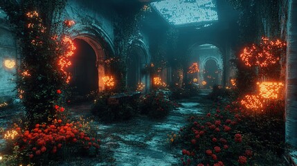 Obraz premium An abandoned city filled with pixelated trees, digital vines, and glowing flowers, turning the city into a futuristic jungle