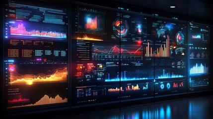 A futuristic digital dashboard showcasing various colorful data visualizations on large screens, representing an advanced and comprehensive data analysis setup.