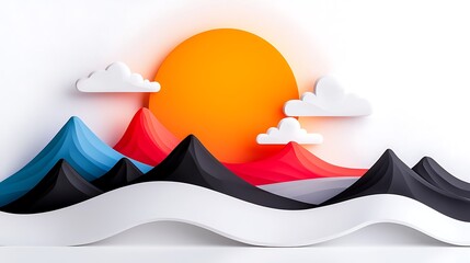 Vibrant Paper Art Landscape Sunset Over Geometric Mountains