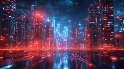 Fototapeta premium A stunning futuristic cityscape depicts towering skyscrapers illuminated by vibrant neon lights against a dark backdrop, evoking a sense of advanced urban life.