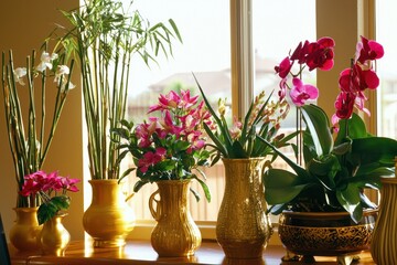 Floral Arrangements and Lucky Bamboo A living room corner showcasing lucky bamboo stalks and fresh blossoms in gold vases, exuding an aura of prosperity