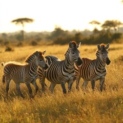 Fototapeta premium Three zebras and a foal in golden grass.