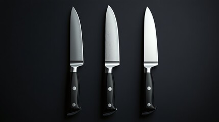 An artistic display of three sleek and sharp chef knives with black handles laid out on a dark background, showcasing their polished metallic blades.