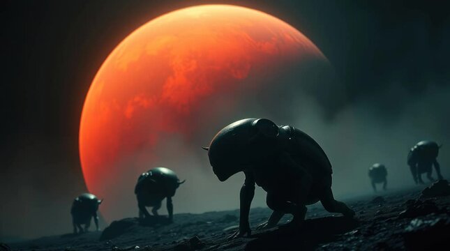 Crimson Sands, Shadowy Prowler
A lone panther stalks through the dunes of a desolate planet, its dark silhouette contrasting sharply against the blood-red sky. The wind whips up sand, blurring the edg