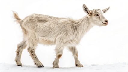 Fototapeta premium Cream Goat Kid in Winter Full Body Profile, Snow Background, Minimalist Composition Goat, Kid