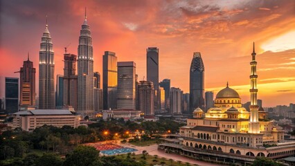 Obraz premium Golden Hour Kuala Lumpur Skyline Mosque and Skyscrapers Composition, Cityscape Photography, Urban Architecture, Malaysia Kuala Lumpur, Malaysia