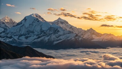 Golden Hour Mountain Panorama Aerial View of Snow-Capped Peaks above Clouds at Sunset, Landscape Photography, Nature Mountain Photography, Aerial View