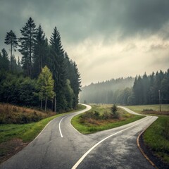 Naklejka premium Misty Forest Road Fork Winding Asphalt Path, Green Landscape, Decision Concept, Nature Photography Road Trip, Choice