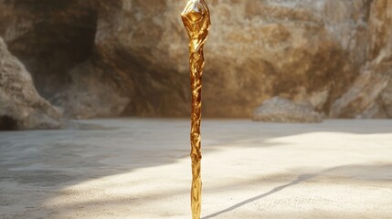 Obraz premium Golden, ornate staff stands on pale sand.