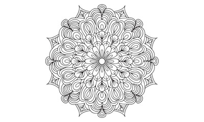 Black and white mandala with intricate leaf patterns, perfect for relaxation, mindfulness, and coloring enthusiasts.