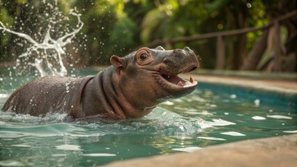 Playful Pygmy Hippo in Pool Splashing Water, Close-up Portrait, Joyful Expression, Wildlife Photography, Aquatic Mammal. Pygmy Hippo, Hippopotamus