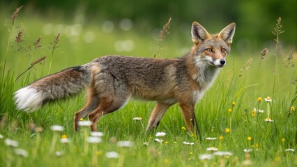 Red Fox in Meadow Side Profile, Lush Green Grass, Wildflowers, Wildlife Photography, Animal Portrait Red fox, wildlife photography