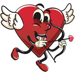 Cute heart vektor illustration mascot character being cupid with angel wings and the arrow of love, work of hand drawn