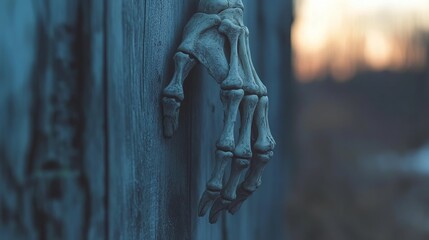 The skeletal hand clings to a weathered wooden surface, evoking themes of mortality, perseverance, and the eerie interplay between life and decay amid a twilight setting.