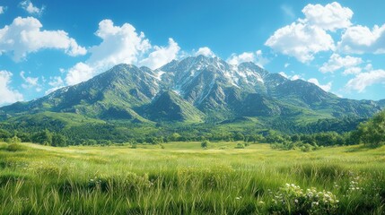 Fototapeta premium Majestic snow-capped mountain range behind lush green meadow under a vibrant blue sky.