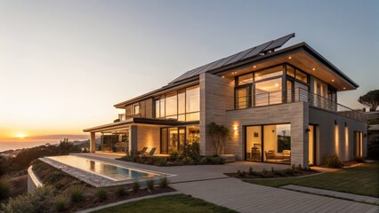Naklejka premium Sunset Modern Villa Architectural Photography, Stone Facade, Infinity Pool, Wide Angle Composition, Coastal Landscape Luxury Home, Architecture Photography