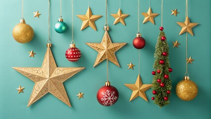 Teal Christmas Ornament and Star Composition, Festive Decor, Holiday Background Christmas Decorations, Holiday Season
